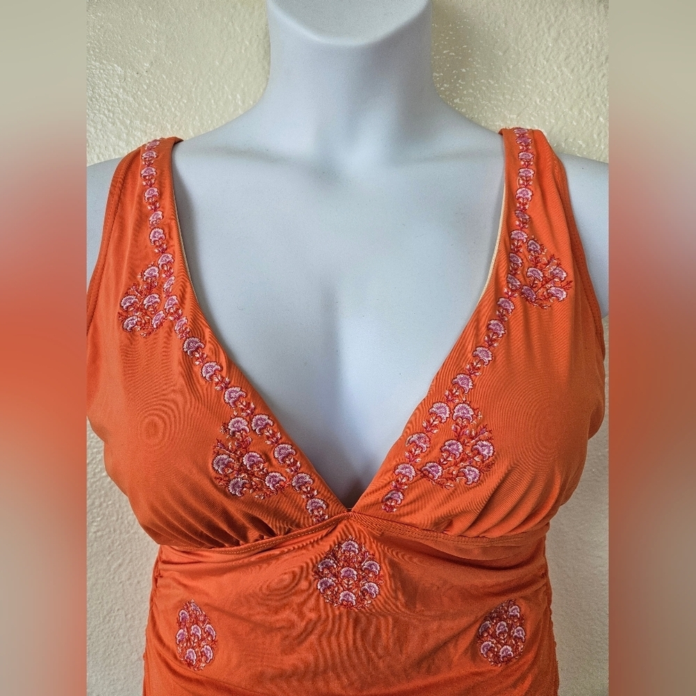 Sundance - Women's XL Orange One-Piece Swimsuit with Pink Floral Embroidery - Picture 6 of 11